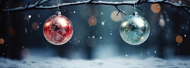 Christmas Ornament on beautiful winter scenery, Xmas Ball, copy space