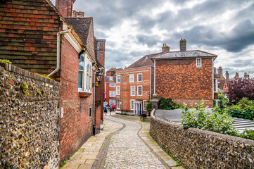 A view down from the castle barbican towards the High Street in Lewes, Sussex, UK in summertime © Nicola