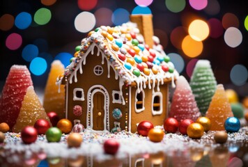 Photo of a festive gingerbread house on a table created with Generative AI technology