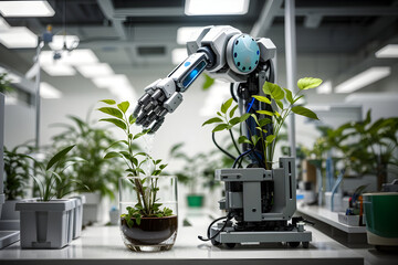 Smart farming, automated industrial robotic arm picking up plants in a greenhouse, industrial scale - obrazy, fototapety, plakaty