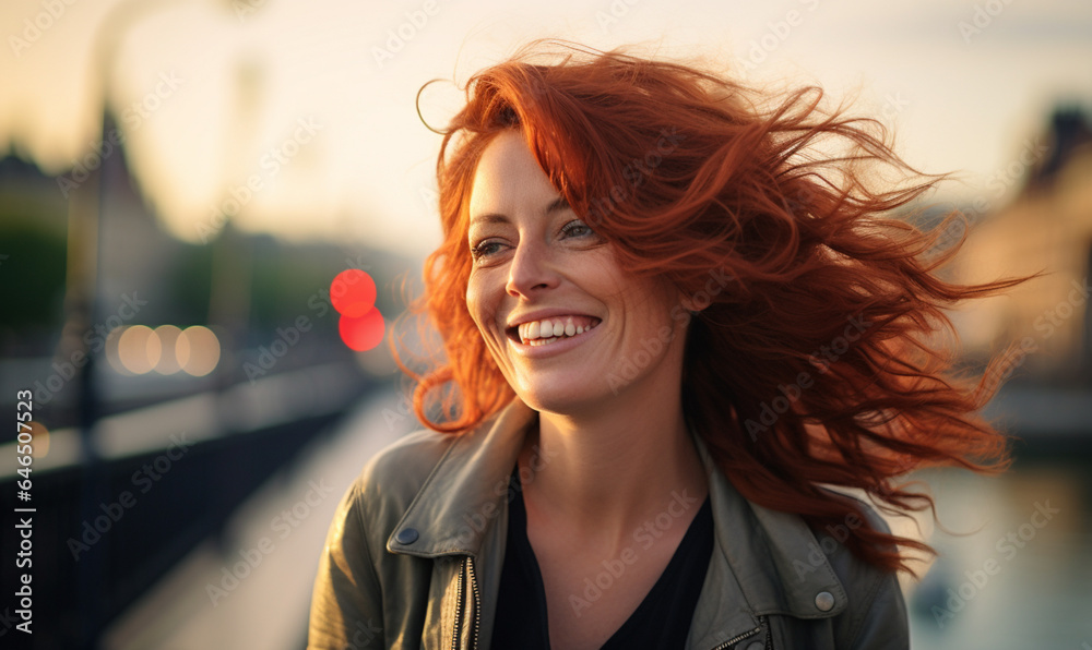 Wall mural Happy woman with red hair travel in Paris, Travel to Europe, Famous popular tourist place in world.