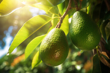 Bunch of fresh avocado ripening on an avocado tree branch in garden
