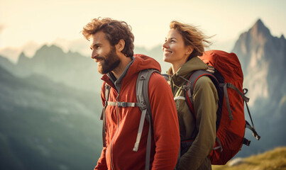 Couple hiker traveling, walking alone Italian Dolomites under sunset light. Man and Woman traveler enjoys with backpack hiking in mountains. Travel, adventure, relax, recharge concept.