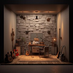 Empty wooden music recording studio with guitar and music equipment. AI generated