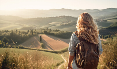Female hiker traveling, walking alone Italian Tuscan Landscape view under sunset light. Woman traveler enjoys with backpack hiking in mountains. Travel, adventure, relax, recharge concept. - obrazy, fototapety, plakaty