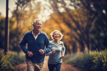 Happy elderly couple in their 70s running outdoors. Modern aging and older adult doing sports