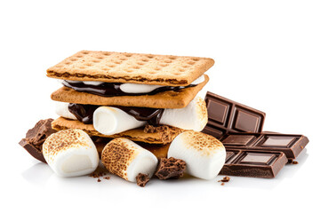 S'mores with marshmallows, chocolate and crackers isolated on white background
