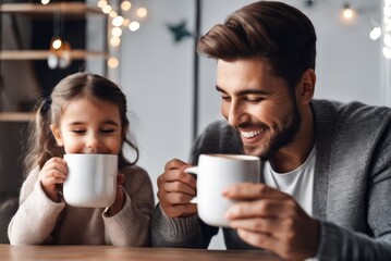 Happy positive Son and Granddaughter drinking hot chocolate in living room, holding glasses, keeping healthy hydration, diet, li . Caring for family health, wellbeing - obrazy, fototapety, plakaty