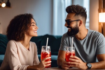 Happy positive Wife and Father drinking soda in rec room, holding glasses, keeping healthy hydration, diet, lifestyle, caring fo . Caring for family health, wellbeing