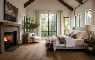 Rustic Modern Farmhouse interior design with hardwood floor. Warm white bedroom with furnishings natural wooden tables, fireplace, houseplants, armchair, TV, contemporary style.