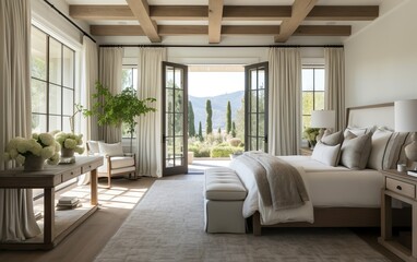 Rustic Modern Farmhouse interior design with hardwood floor and ceiling. Warm white bedroom with furnishings natural wooden tables, white curtains and armchairs, houseplants, contemporary style.