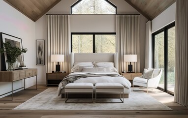 Rustic Modern Farmhouse interior design with hardwood floor and ceiling. Warm white bedroom with furnishings natural wooden tables, beige curtains and armchairs, contemporary style.