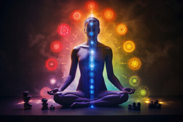 Person in Yoga Pose with Palms Up Surrounded by Colorful Chakra Symbols and Rainbow, Generative AI