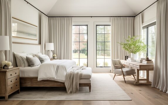 Rustic Modern Farmhouse interior design with hardwood floor. White bedroom with furnishings natural wooden tables, contemporary style.