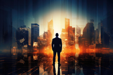 Fototapeta na wymiar Silhouette of Businessman Overlooking City, Finance and Success, Generative AI