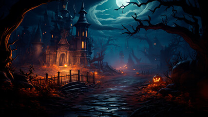 Fototapeta premium Halloween spooky night with an old road leading to haunted house. Generative AI