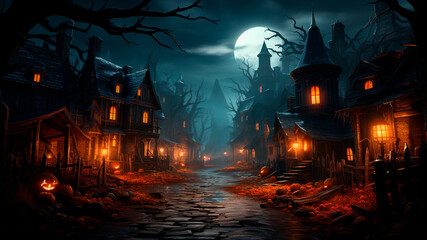 Fototapeta na wymiar Halloween spooky night with an old road leading to haunted house. Generative AI