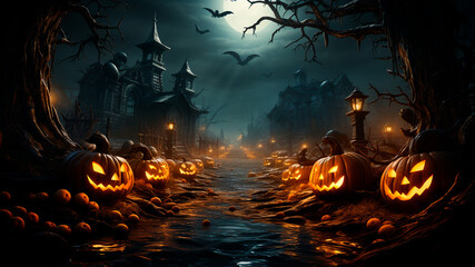 Halloween spooky night with an old road leading to haunted house. Generative AI