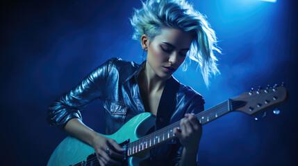 Obraz premium Young female musician playing guitar at a rock concert