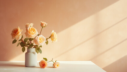 Table with Roses on Top Against Peach Wall