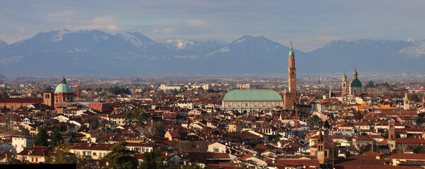 view of the city of Vicenza with the most famous monuments and the roofs of the houses