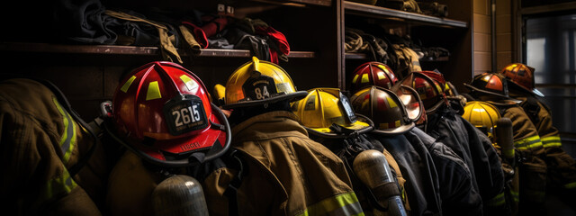 Fototapeta premium Firefighters gear hangs on hooks