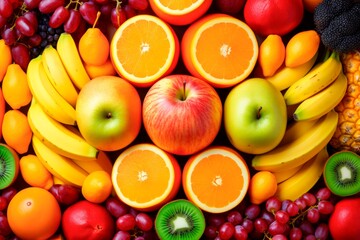 a large group of different fruits surrounding a large apple,