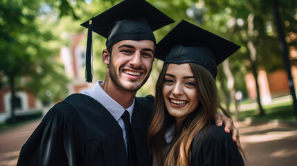 Happy smiling graduating friends in an academic gowns standing in front of college