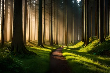 sun rays in the forest Generated Ai