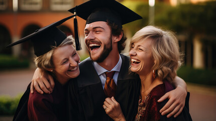 Fototapeta premium Happy smiling graduate hugs his parents after the graduation ceremony.