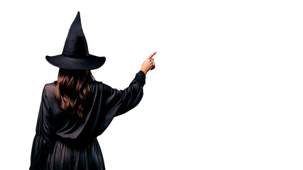 Witching Hour at Halloween, witch pointing at white copy space. Generative AI