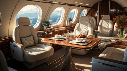 private aircraft interior with luxurious amenities. luxury and expensive lifestyle. banner