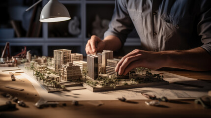 Male architect builds a model of a house or building in his office