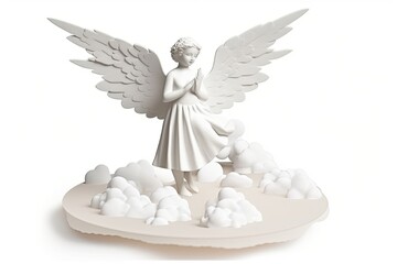 White statue of an angel with large wings standing on a white base with clouds