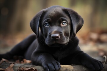 Black Labrador Retriever puppy lying on the ground in a forest setting. The puppy is lying on its stomach with its front paws stretched out in front of it.