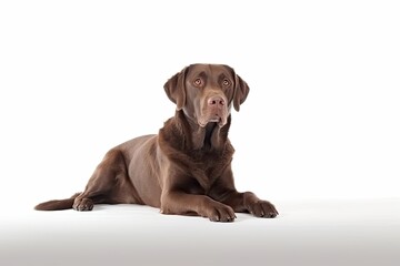 Chocolate Labrador Retriever lying down on a white background. The dog is lying on its stomach with...