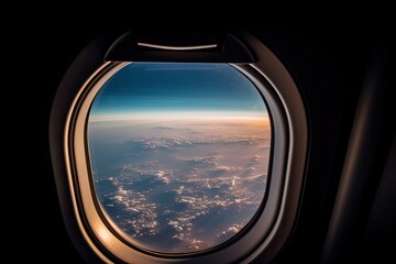 Airplane window with a view of the earth below. The window is oval in shape and has a black frame.