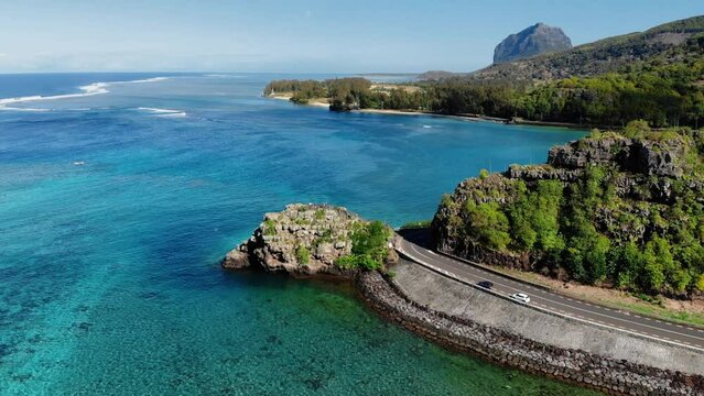 Touristic location - Maconde point with ocean in Mauritius island. Aerial view