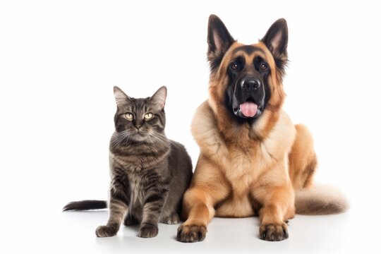 Cat and a dog sitting side by side on a white background. The cat is a gray tabby with green eyes and is sitting on the left side of the image while the dog is a German Shepherd 