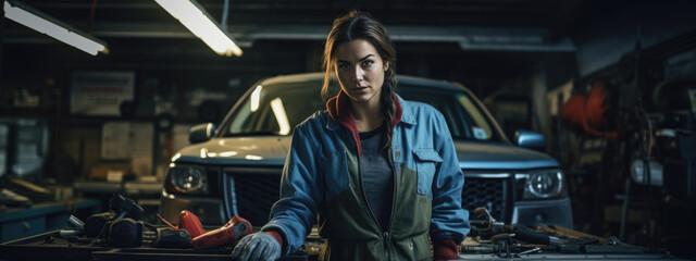Portrait of a female mechanic in a car service against the backdrop of cars.
