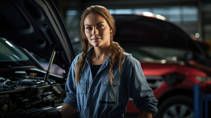 Portrait of a Female Mechanic Working on a Vehicle in a Car Service.