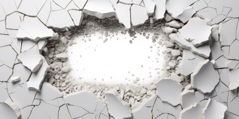 Breaking out of a hole in solid White wall, torn hole, empty copy space frame, mockup. Generative AI image weber. - obrazy, fototapety, plakaty