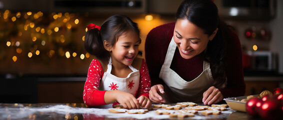 Mother and daughter baking Christmas cookies together. A moment of joy and bonding between child and parent during the holiday season. Shallow field of view with copy space. 