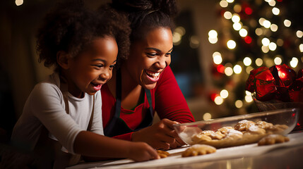 Mother and daughter baking Christmas cookies together. A moment of joy and bonding between child and parent during the holiday season. Shallow field of view with copy space.  - obrazy, fototapety, plakaty