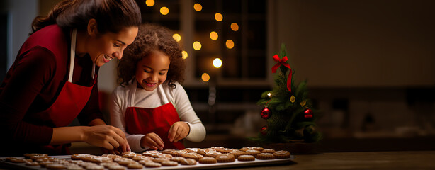 Mother and daughter baking Christmas cookies together. A moment of joy and bonding between child and parent during the holiday season. Shallow field of view with copy space. 
