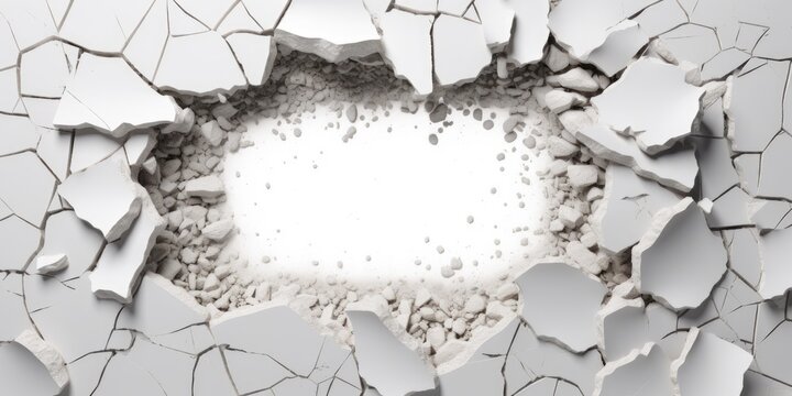 Breaking out of a hole in solid White wall, torn hole, empty copy space frame, mockup. Generative AI image weber.