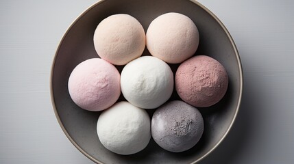 Generative AI, mochi on the dark table background, Traditional Japanese dessert, top view, flat lay
