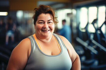 Portrait of a plus size smiling woman in sportswear in the gym. Fitness. body positive and sport as lifestyle. - obrazy, fototapety, plakaty