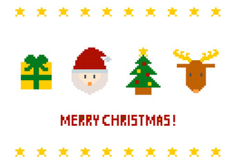 Fototapeta premium クリスマスのドット絵イラスト: サンタとトナカイとツリーとプレゼント