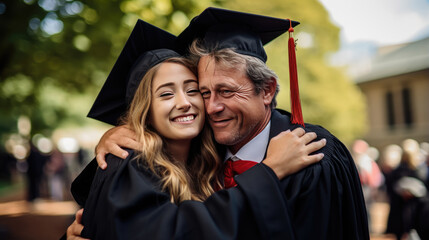 Happy smiling graduate hugs his parent after the graduation ceremony.